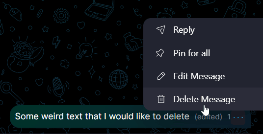 Deleting Files and Messages ๐๏ธ ยท Desktop Click the three dots next to the message / select 'Delete Message'.